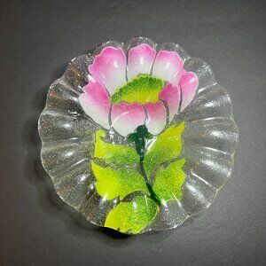VTG Sydenstricker Fused Glass Pink Green Poppy Flower Floral Scalloped Edge Bowl